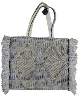 CATORI TOTE Hippie Boho Style Woven Fabric with Fringe Trim Tan Brown Natural